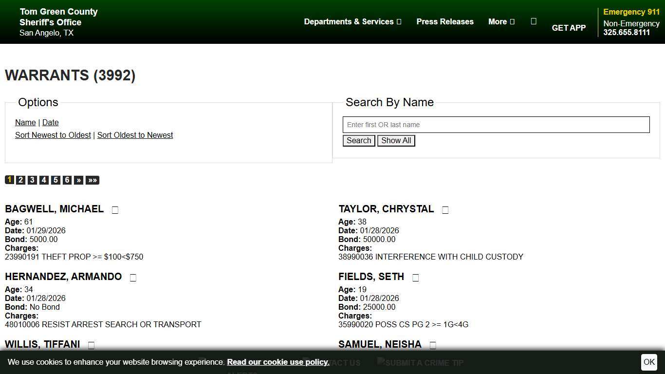 Warrants Tom Green County TX Sheriff's Office Sort Warrant Date - Descending Page 1